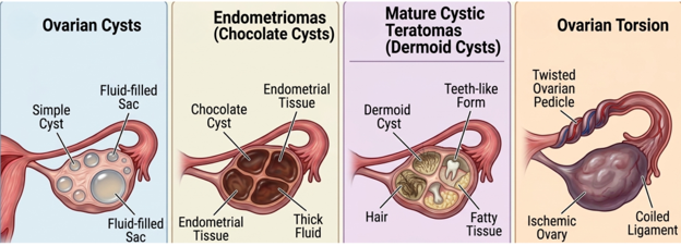 Picture1 Panel 1: Diagram of an ovary with a simple, fluid-filled cyst (fluid-filled sac) and surrounding structures: ovarian cysts explained clearly in the first panel.