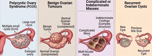 Picture2 Panel 1: Diagram of an ovary with a simple, fluid-filled cyst (fluid-filled sac) and surrounding structures: ovarian cysts explained clearly in the first panel.