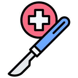 Icon showing a blue-handled scalpel angled diagonally next to a pink circle with a white medical cross.