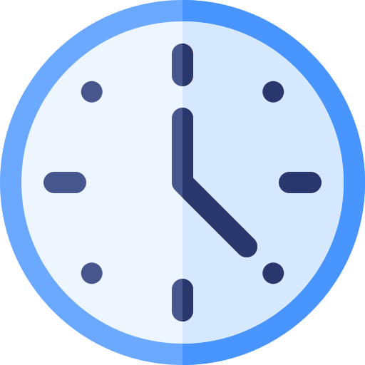 Blue circular clock icon indicating the time (time around 4:00).