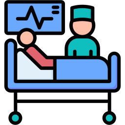 Patient lying in a hospital bed with a medical professional beside them, monitor showing heart rate in the background.
