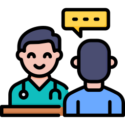 Doctor with stethoscope talking to a patient seated across, a speech bubble above indicating dialogue.