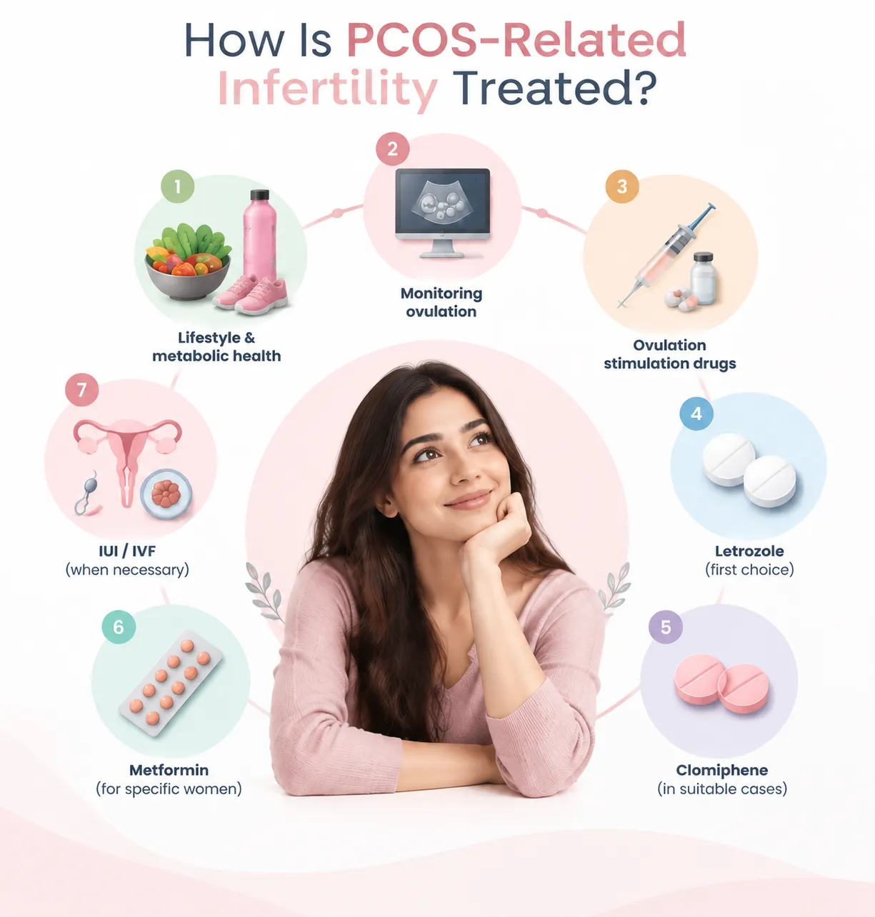 how PCOS related infertility treated Infographic shows PCOS infertility treatments around a smiling woman, highlighting lifestyle health, ovulation monitoring, drugs, IUI/IVF, metformin, clomiphene, and letrozole.